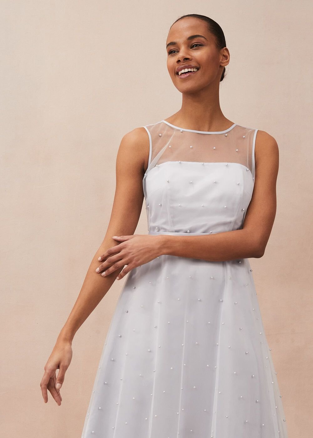 Evadine Pearl Embellished Tulle Dress - Mineral