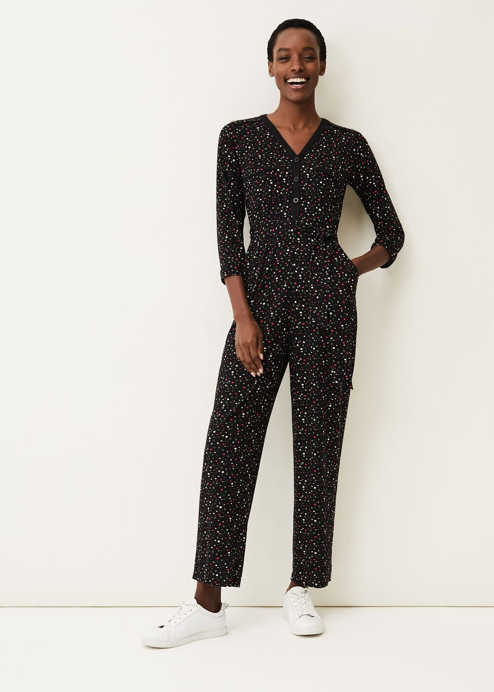 Anglia Ditsy Print Jersey Jumpsuit - Black