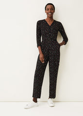 Anglia Ditsy Print Jersey Jumpsuit - Black