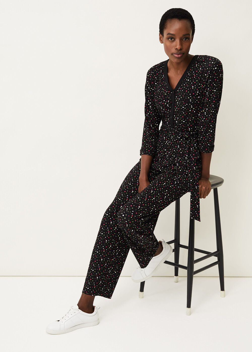 Anglia Ditsy Print Jersey Jumpsuit - Black