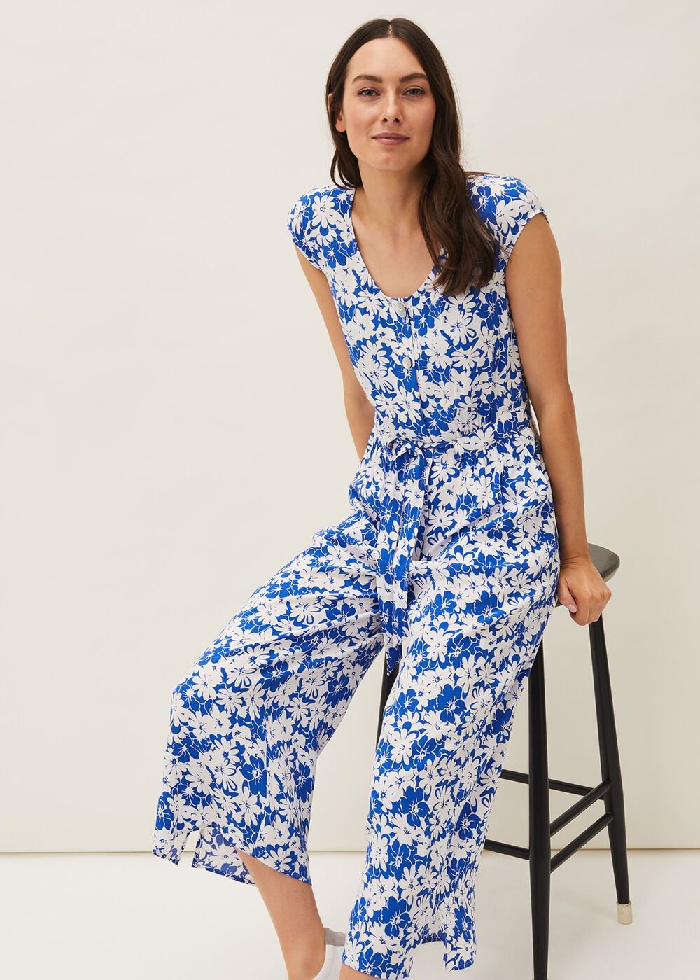 Nerissa Floral Wide Leg Jumpsuit - Blue/White
