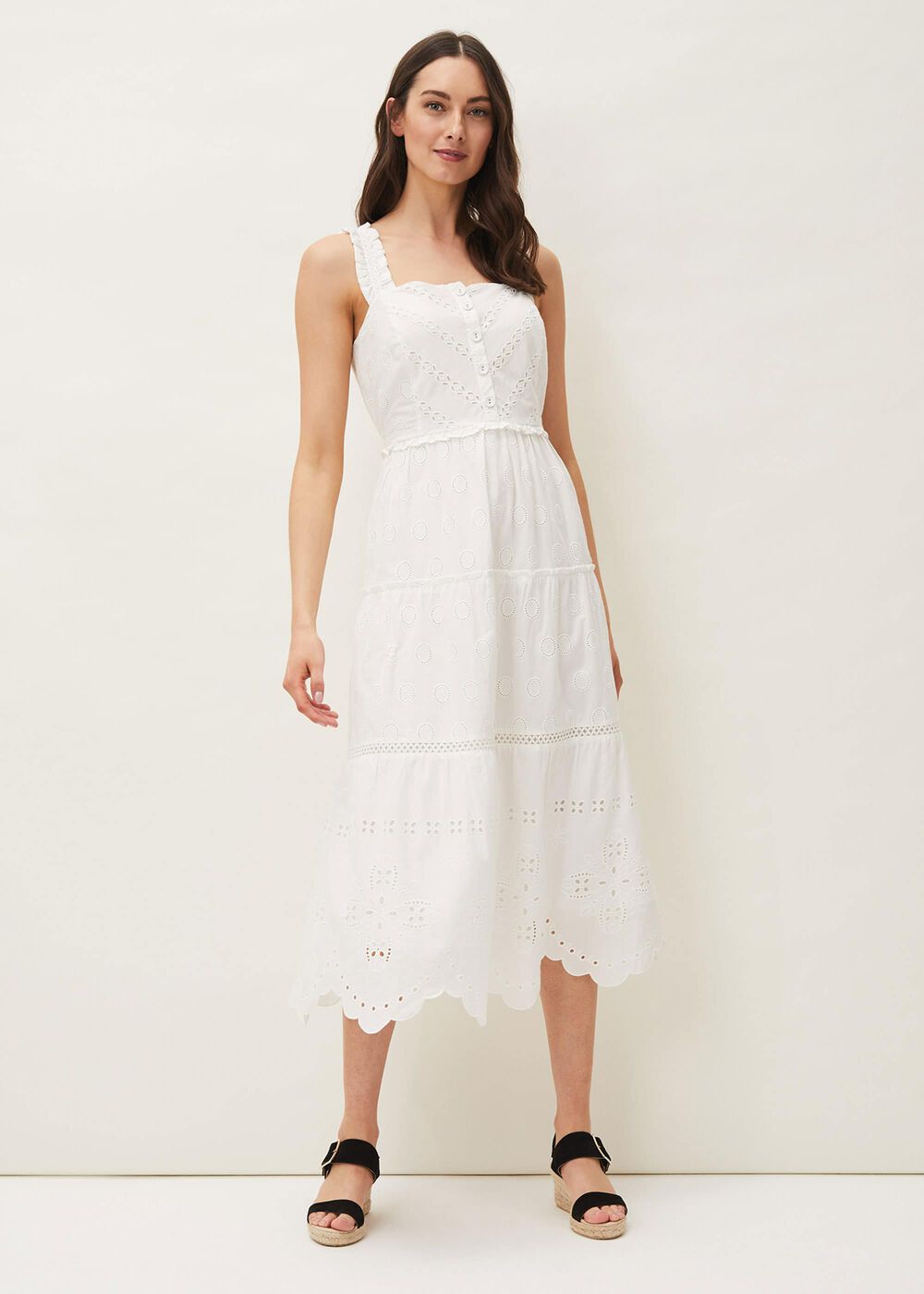 Ellie Broderie Midi Dress - White