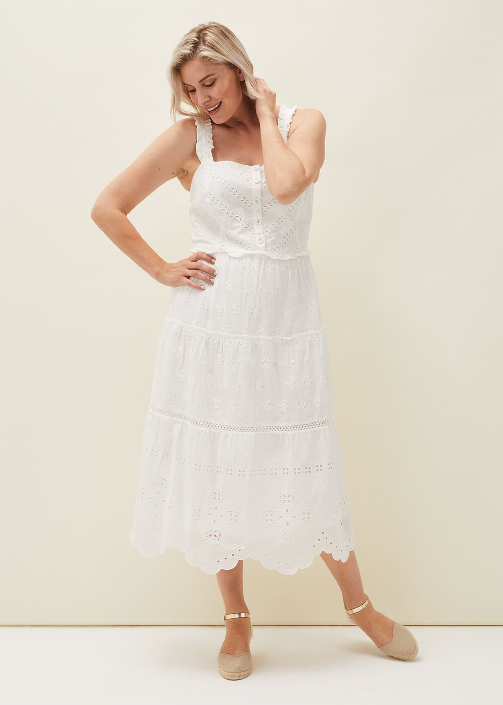Ellie Broderie Midi Dress - White