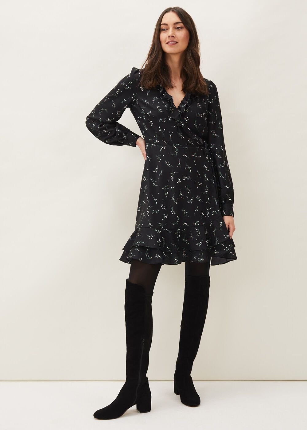 Jamila Ditsy Print Wrap Dress - Black