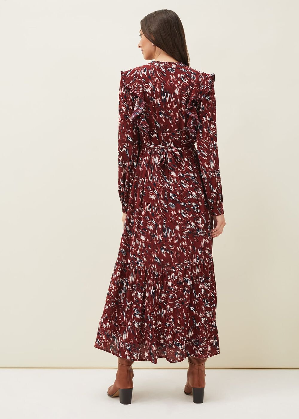 Helen Abstract Feather Print Midaxi Dress - Burgundy