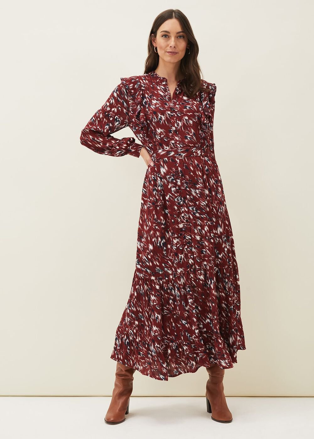 Helen Abstract Feather Print Midaxi Dress - Burgundy