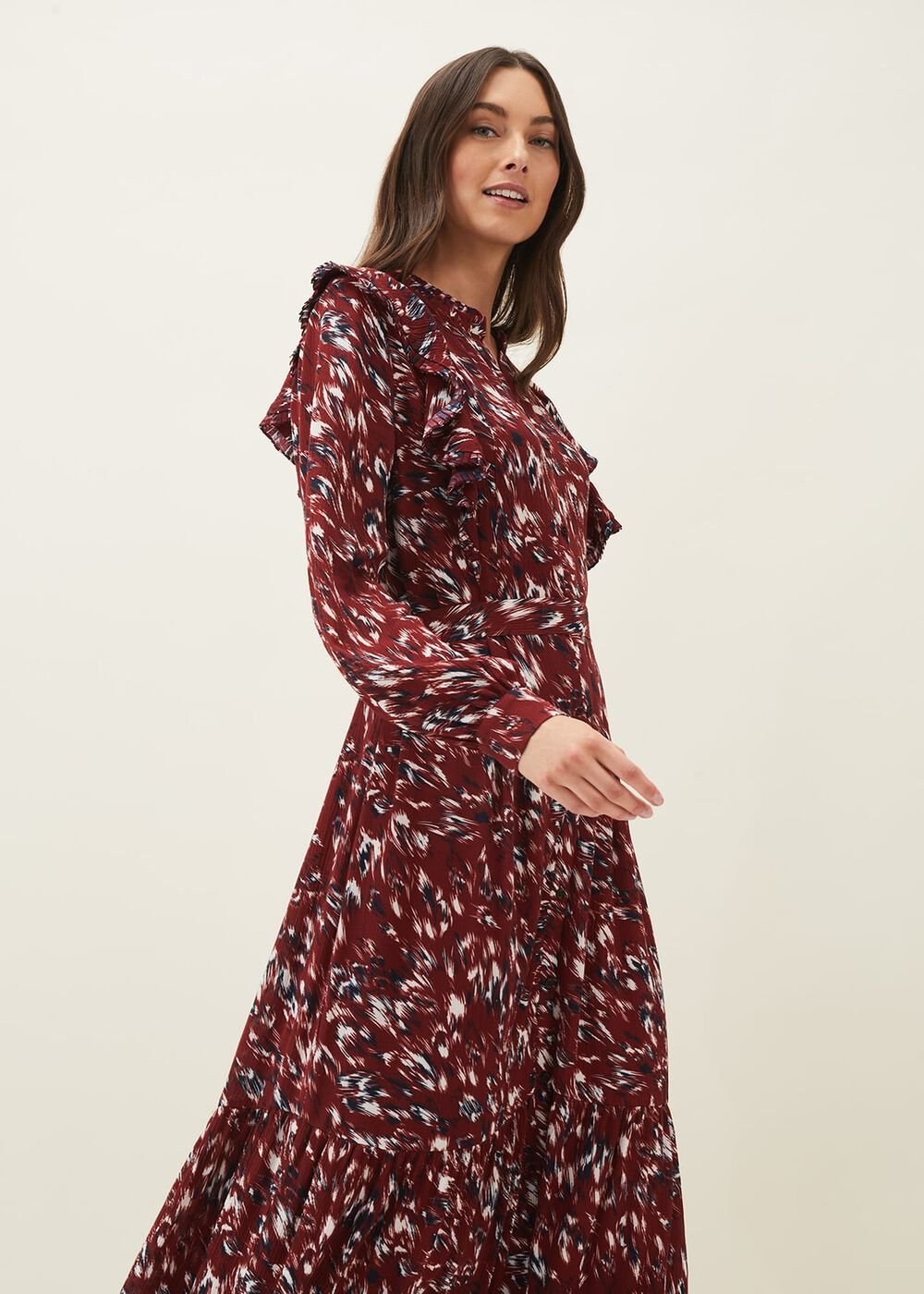 Helen Abstract Feather Print Midaxi Dress - Burgundy