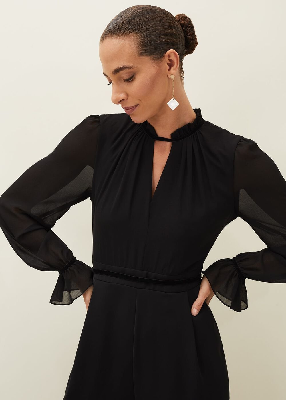 Una Velvet Trim Jumpsuit - Black