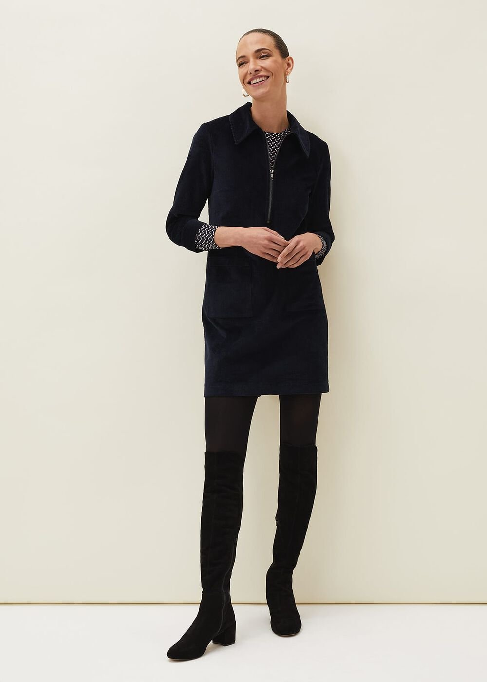 Kirsty Corduroy Zip Front Dress - Navy