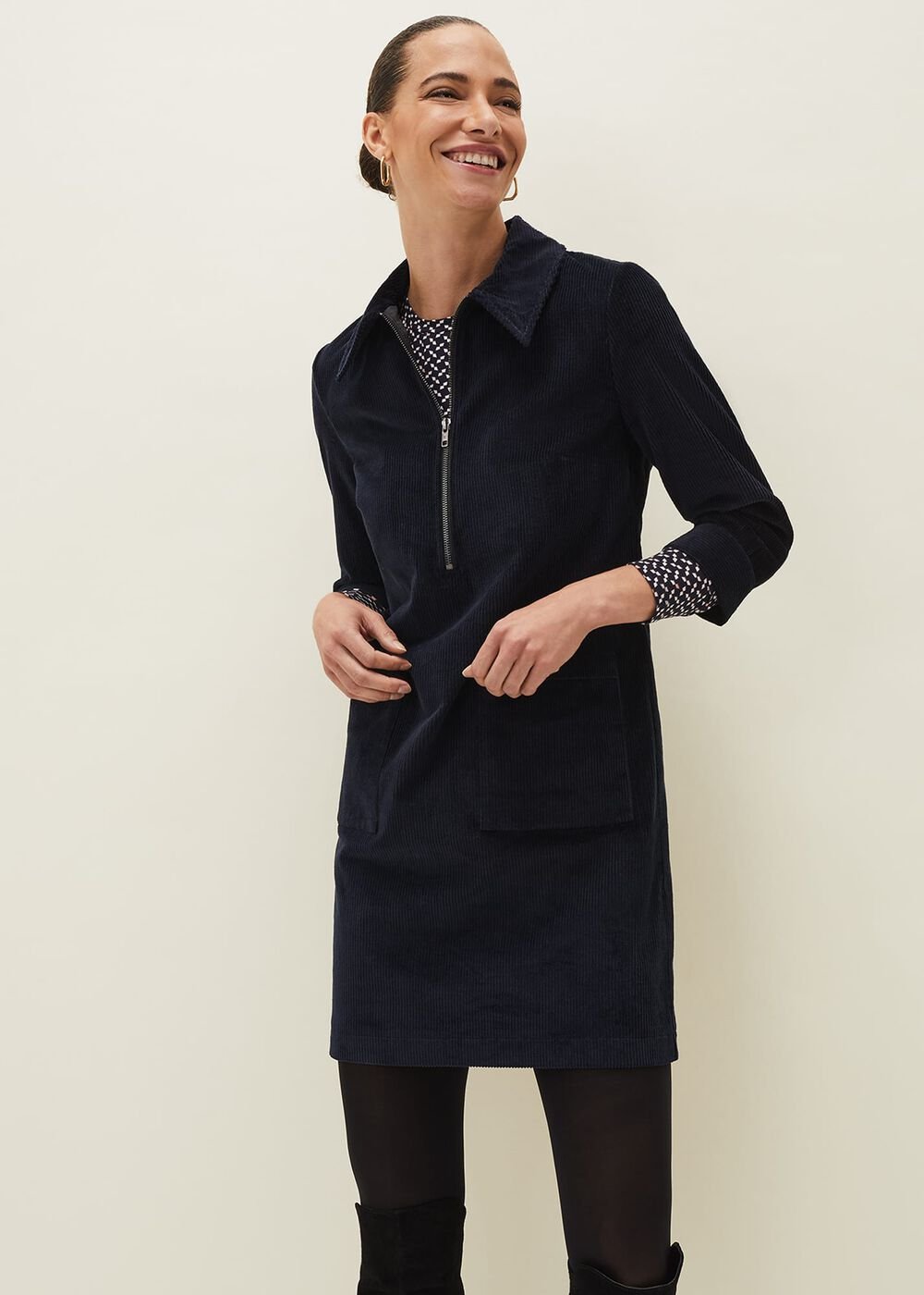 Kirsty Corduroy Zip Front Dress - Navy