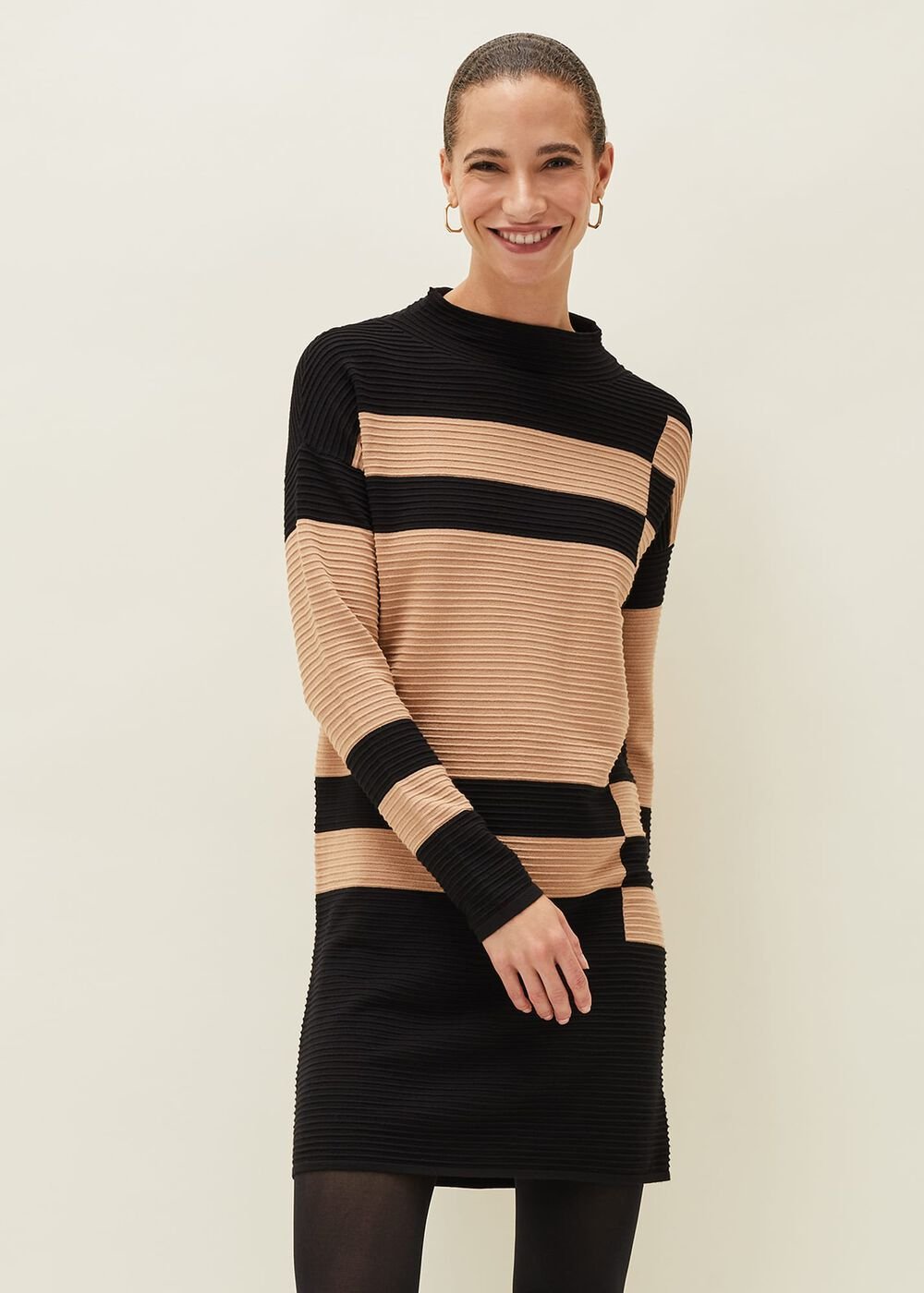 Azera Colourblock Textured Knit Dress - Camel/Black