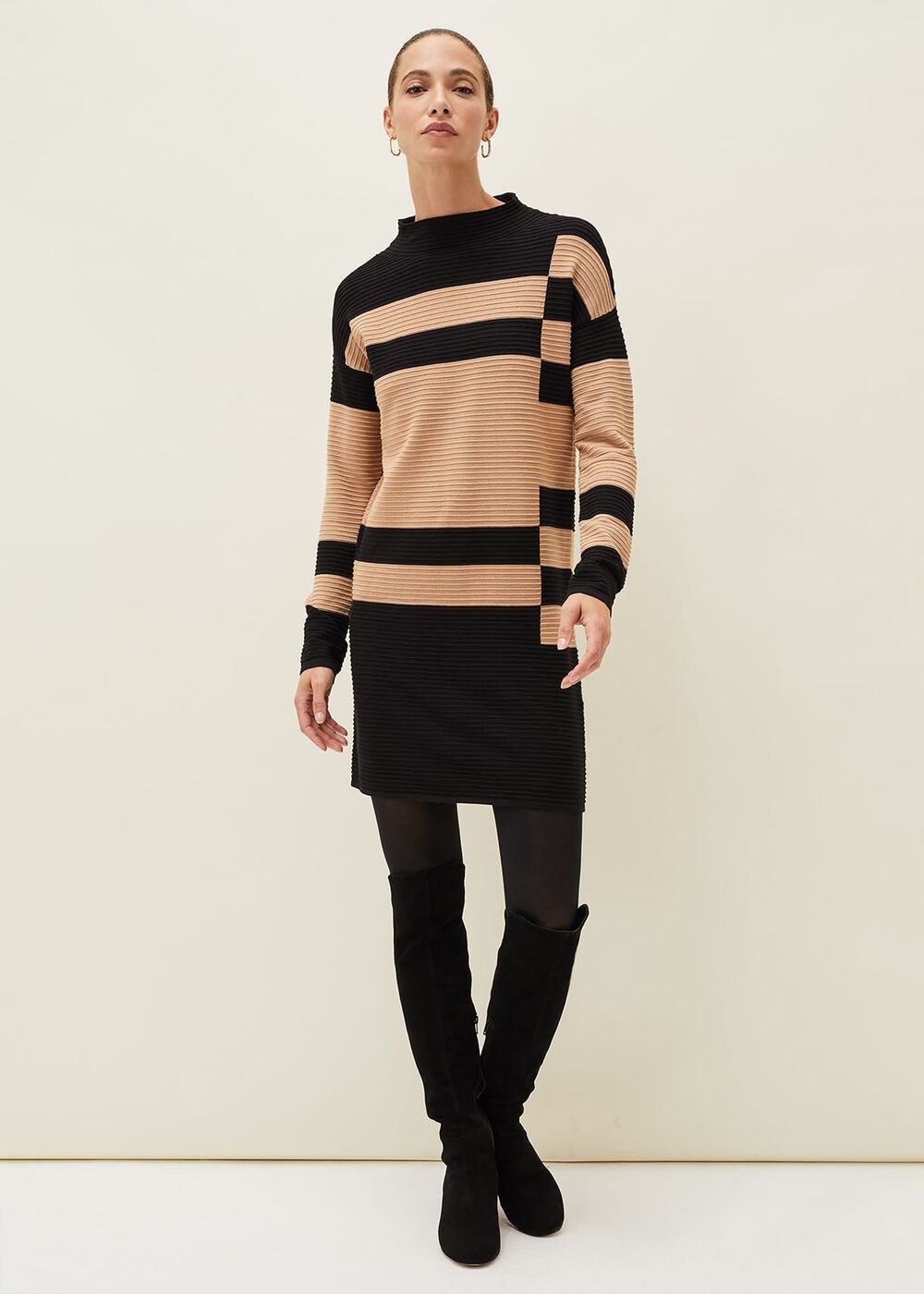 Azera Colourblock Textured Knit Dress - Camel/Black