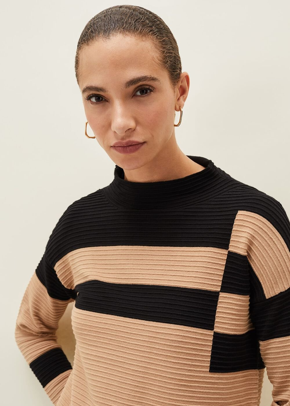 Azera Colourblock Textured Knit Dress - Camel/Black