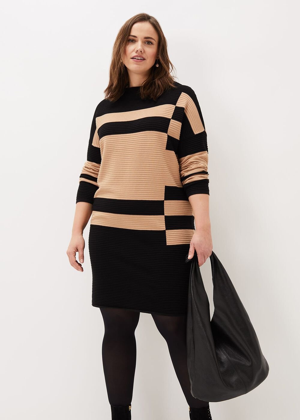 Azera Colourblock Textured Knit Dress - Camel/Black
