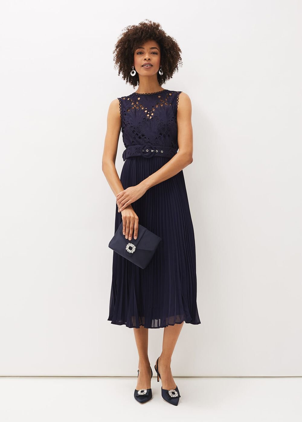 Amora Lace Bodice Pleated Dress - Navy