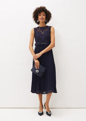 Amora Lace Bodice Pleated Dress - Navy
