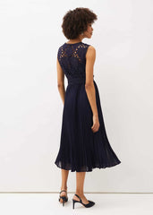Amora Lace Bodice Pleated Dress - Navy