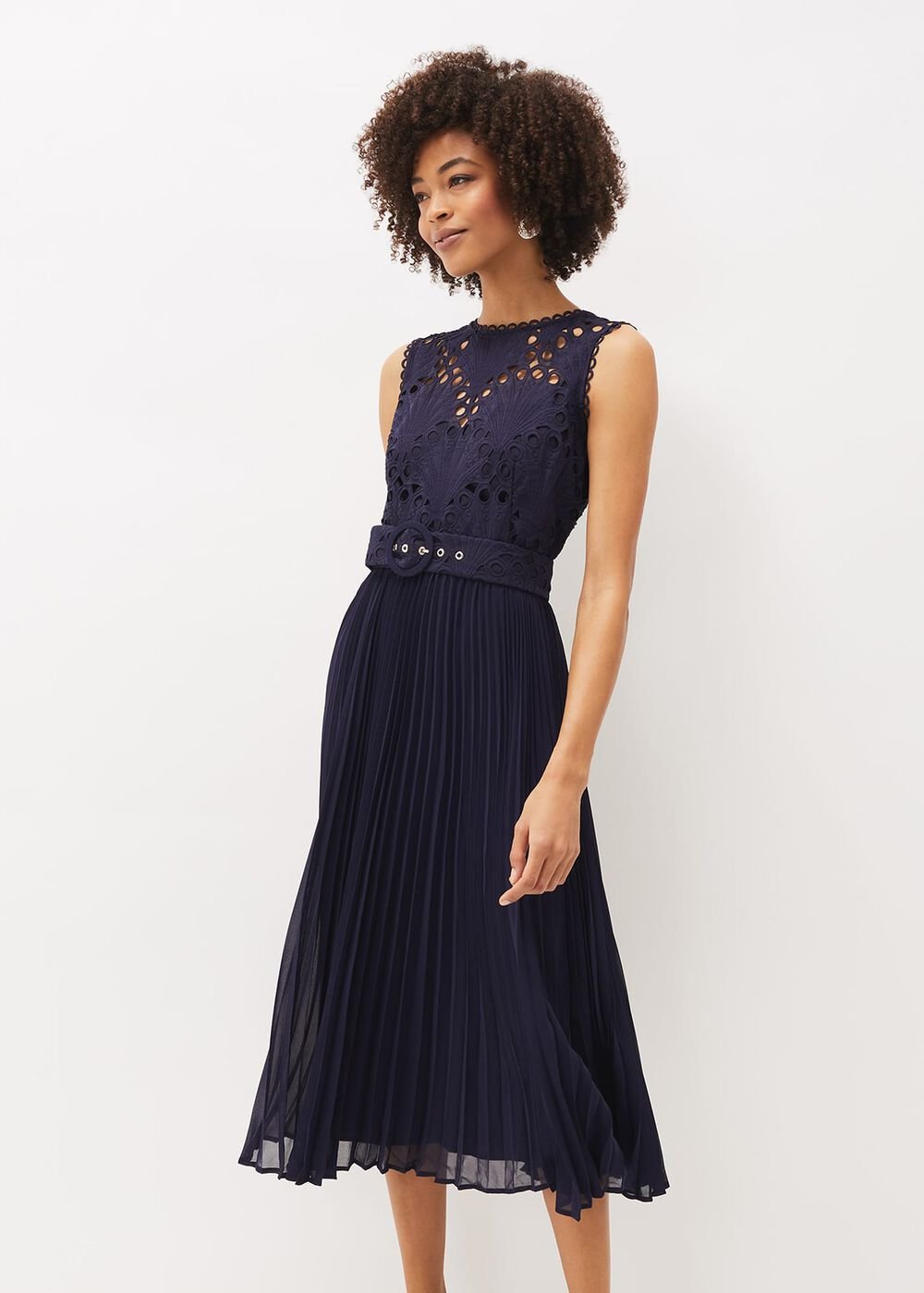 Amora Lace Bodice Pleated Dress - Navy