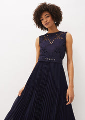 Amora Lace Bodice Pleated Dress - Navy