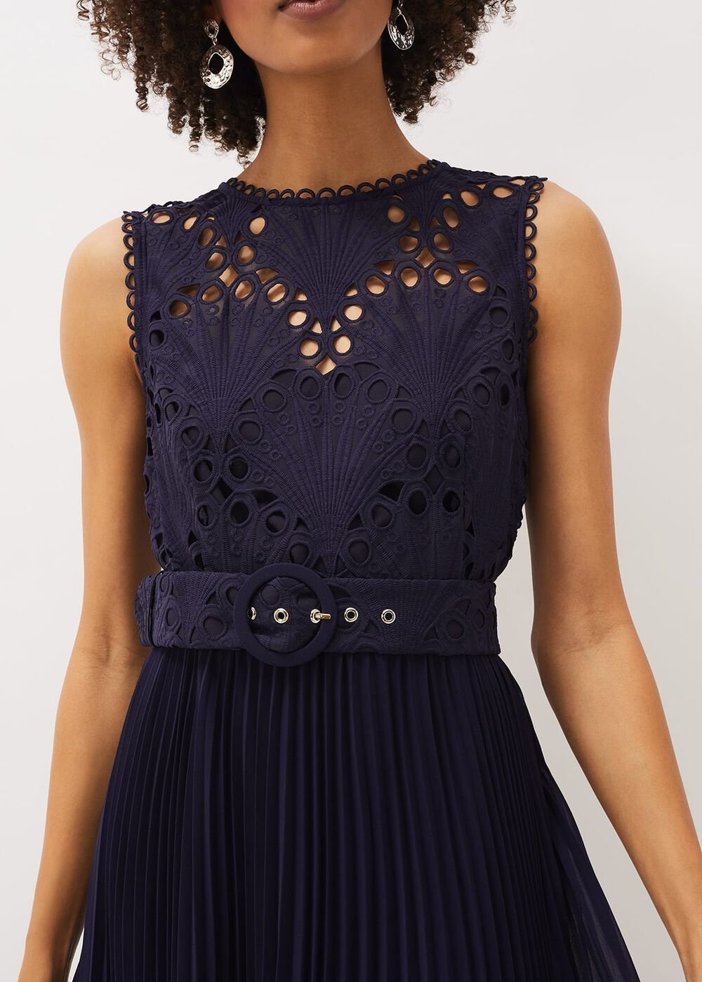 Amora Lace Bodice Pleated Dress - Navy