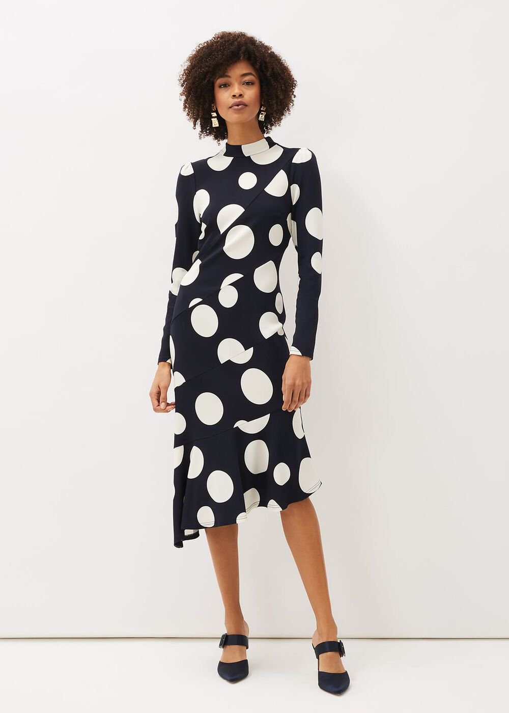 Gabi Spot Print Asymmetric Hem Dress - Navy/Ivory