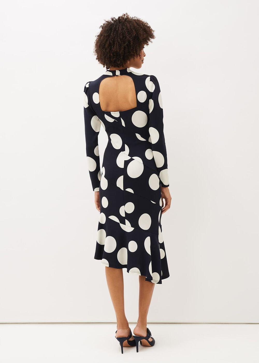 Gabi Spot Print Asymmetric Hem Dress - Navy/Ivory