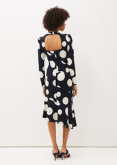 Gabi Spot Print Asymmetric Hem Dress - Navy/Ivory