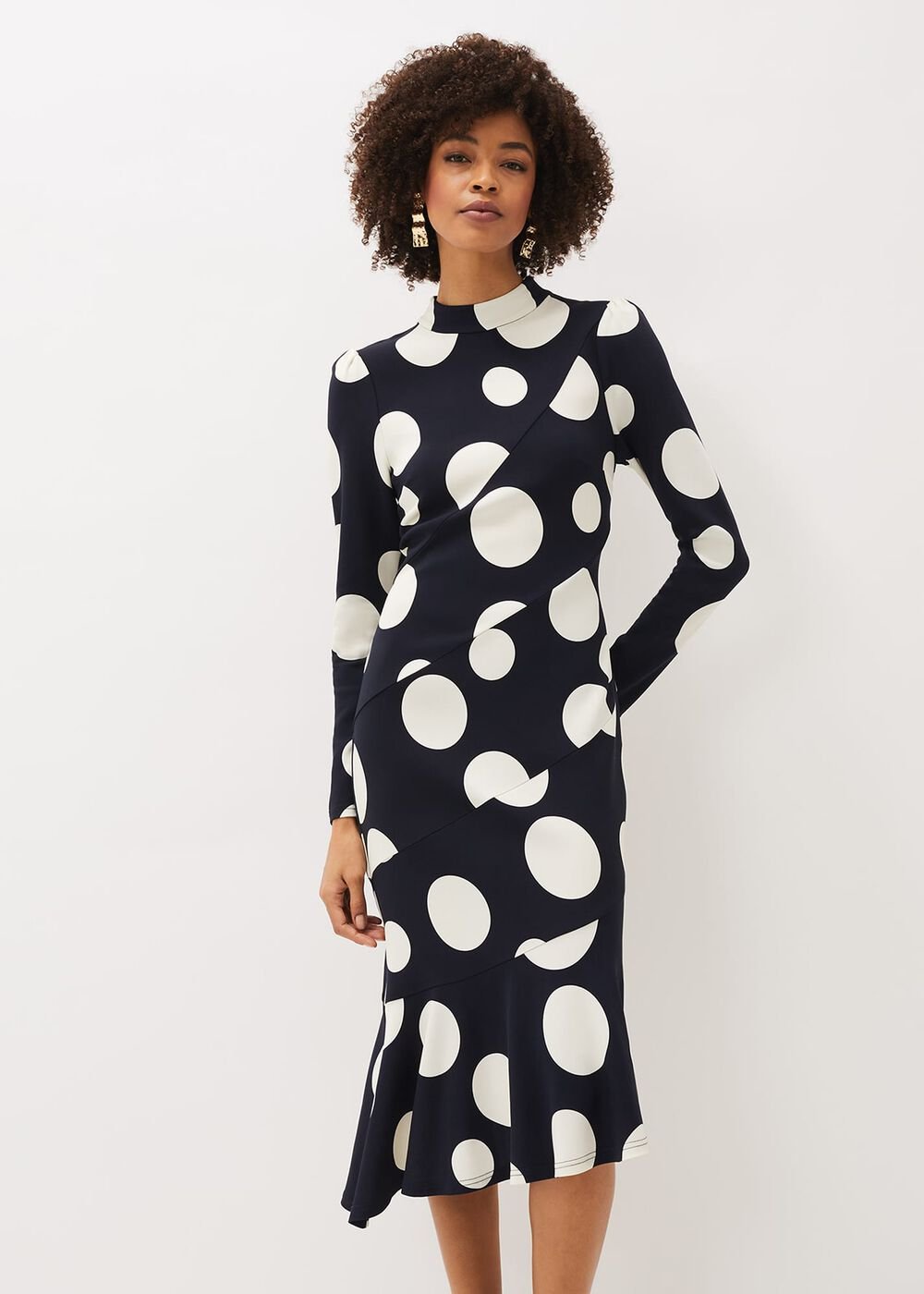 Gabi Spot Print Asymmetric Hem Dress - Navy/Ivory