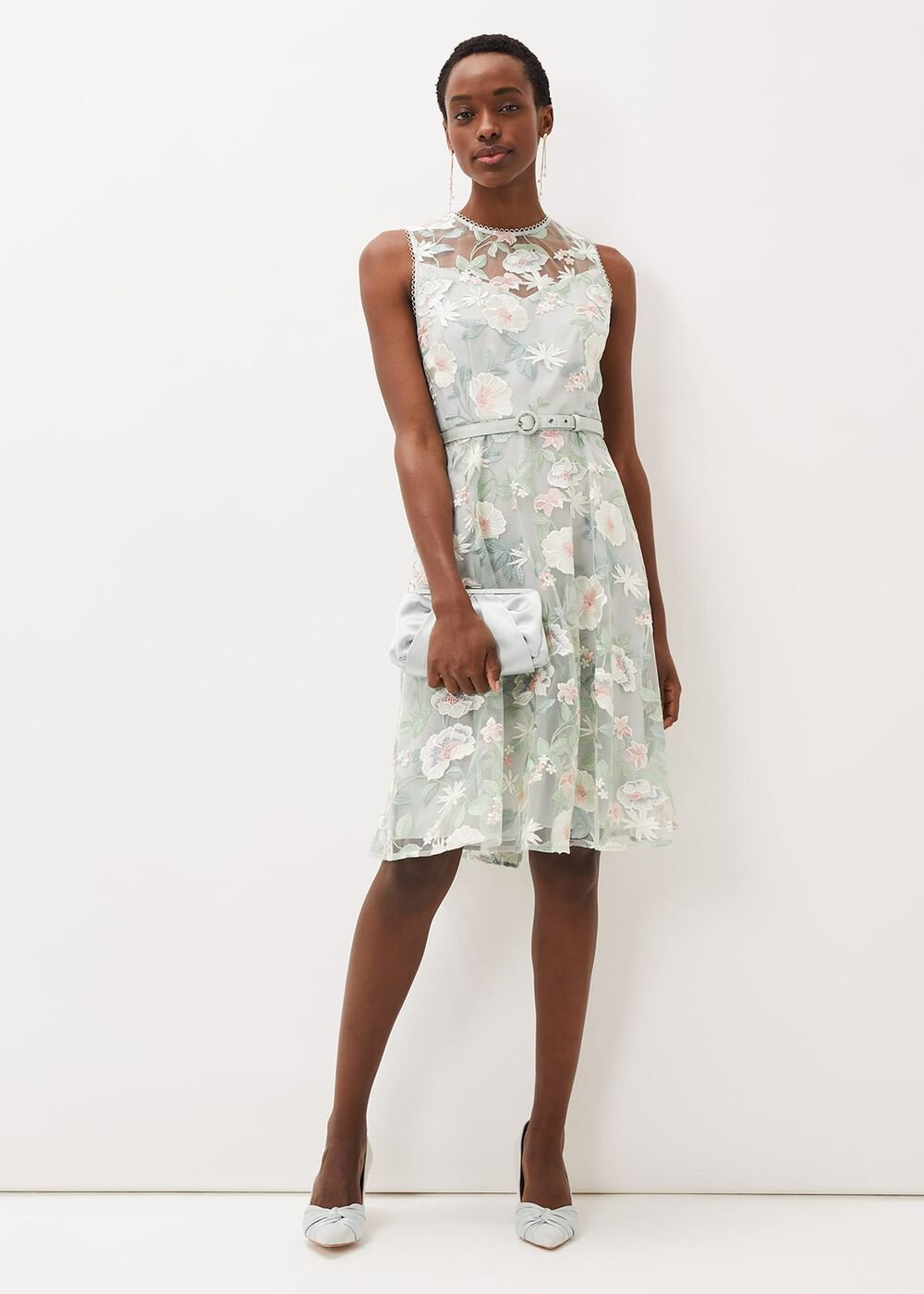 Aria Embroidered Fit And Flare Dress - Eau De Nil