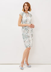 Floral Lace Overlay Pencil Dress - Ivory/Multi