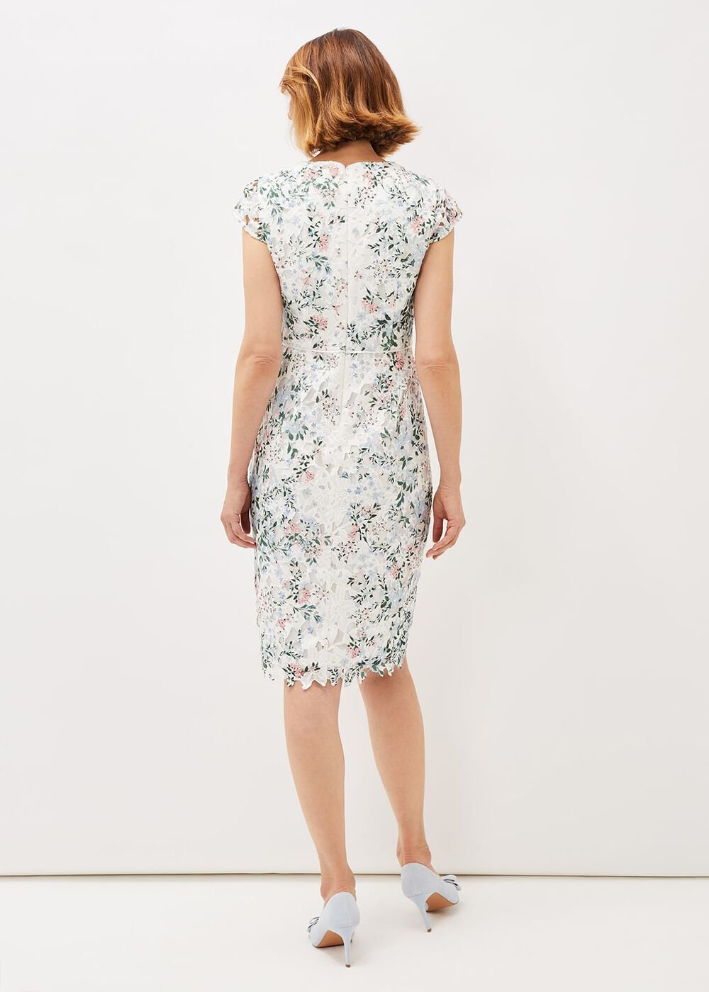 Floral Lace Overlay Pencil Dress - Ivory/Multi