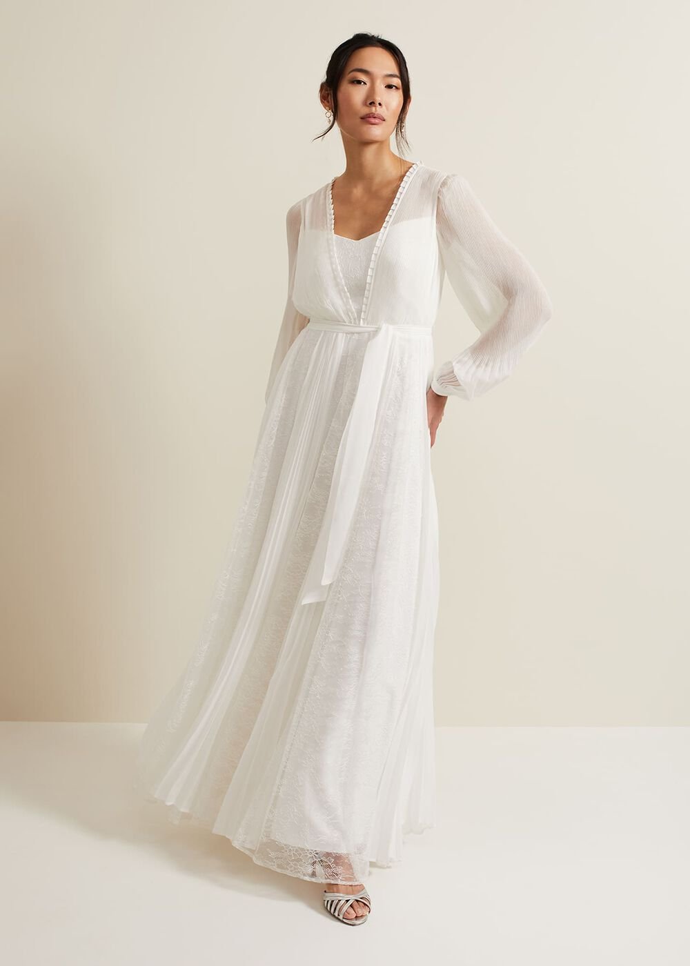 Mariana Pleated Lace Wedding Dress - Pearl