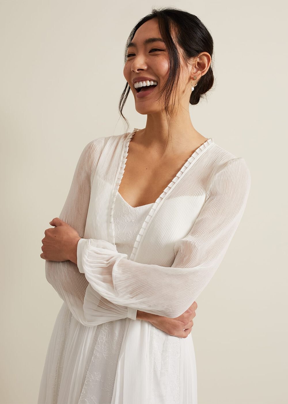 Mariana Pleated Lace Wedding Dress - Pearl