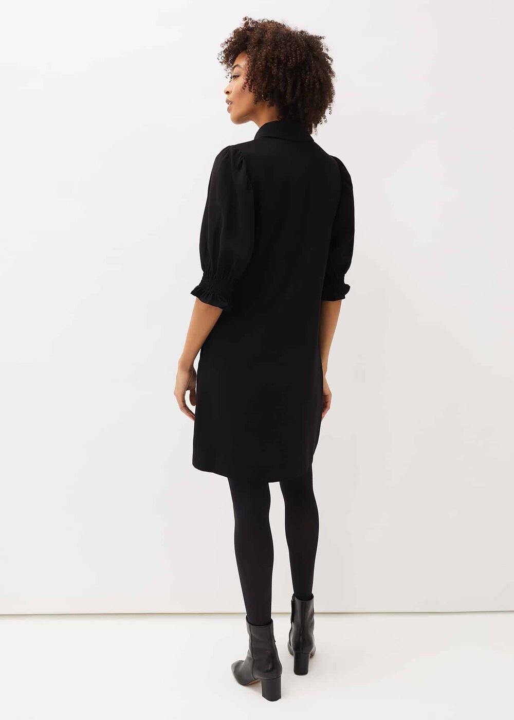 Button Down Puff Sleeve Midi Dress in Black - Black
