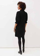 Button Down Puff Sleeve Midi Dress in Black - Black