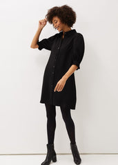 Button Down Puff Sleeve Midi Dress in Black - Black