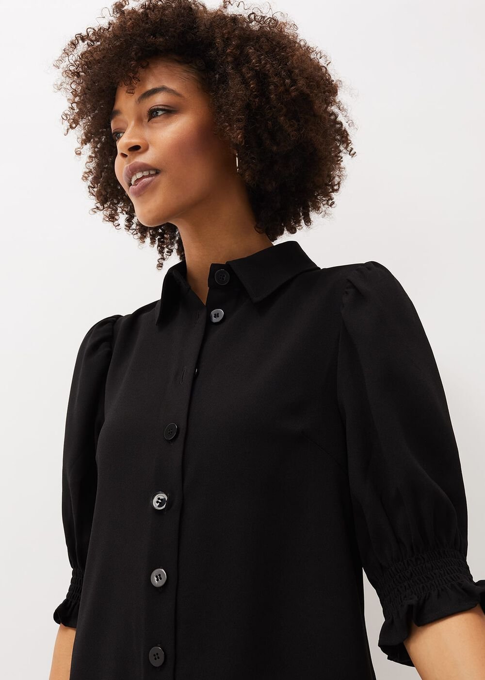 Button Down Puff Sleeve Midi Dress in Black - Black