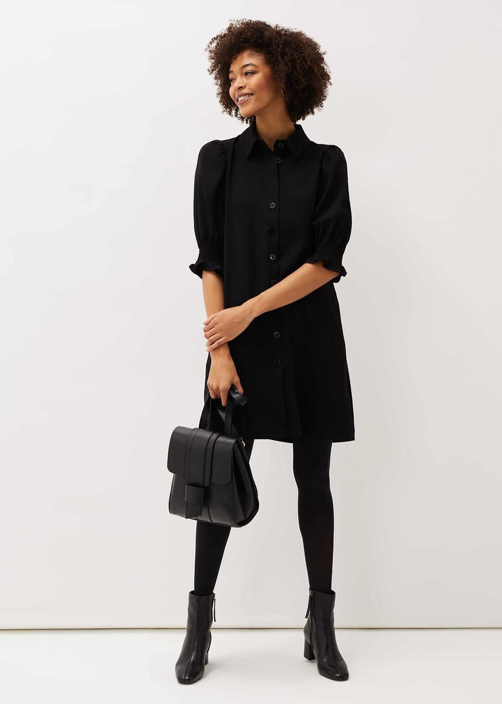 Button Down Puff Sleeve Midi Dress in Black - Black