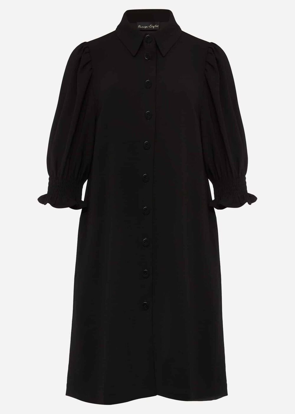 Button Down Puff Sleeve Midi Dress in Black - Black