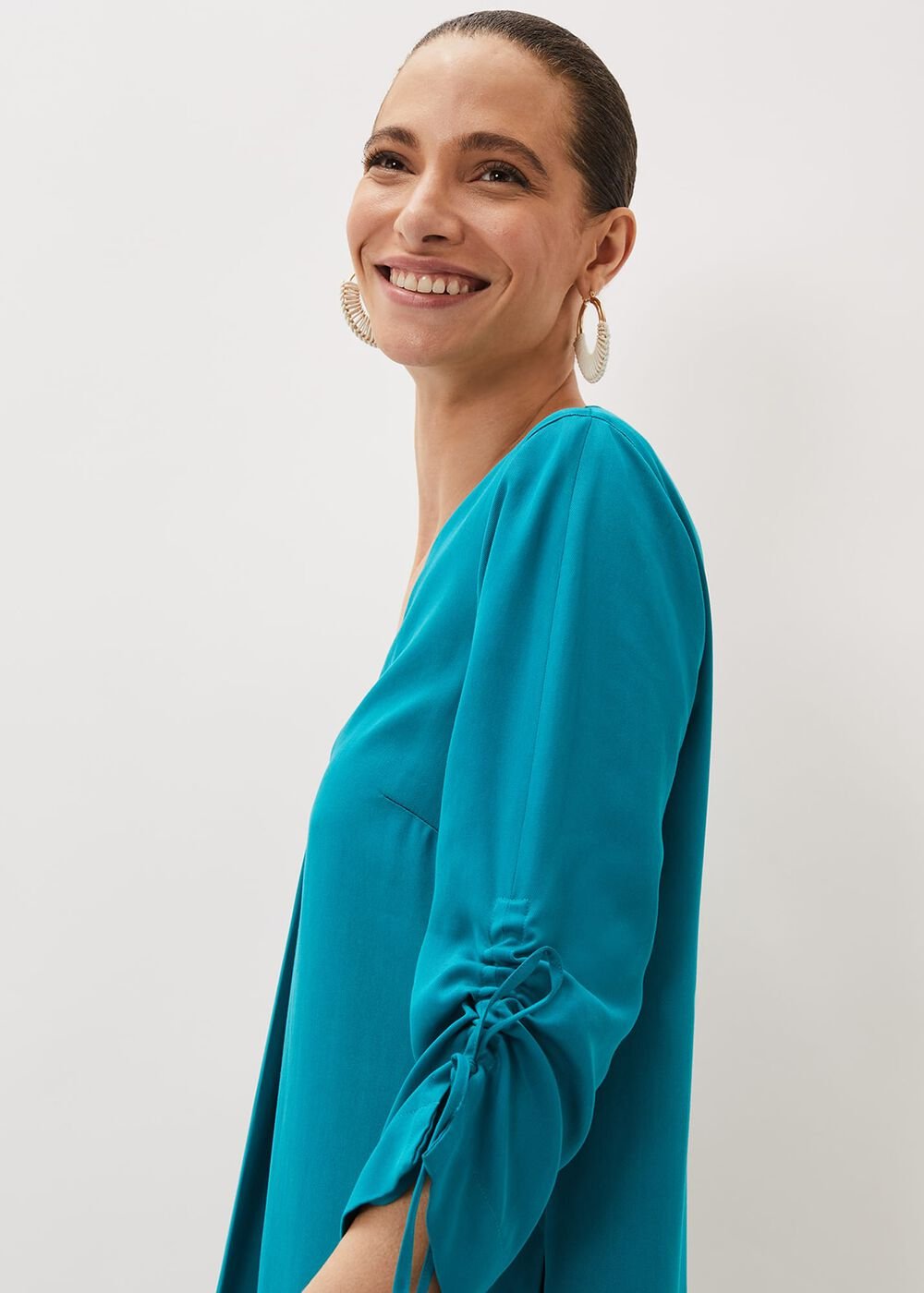 Ceiara Ruched Sleeve Tunic Dress - Teal