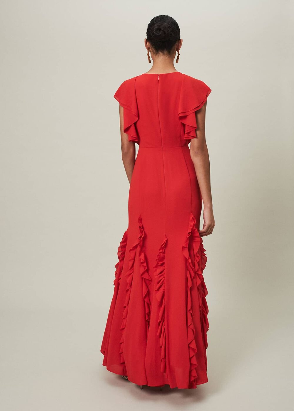 Scarlet Red Maxi Dress with Ruffled Sleeves & Skirt - Scarlet