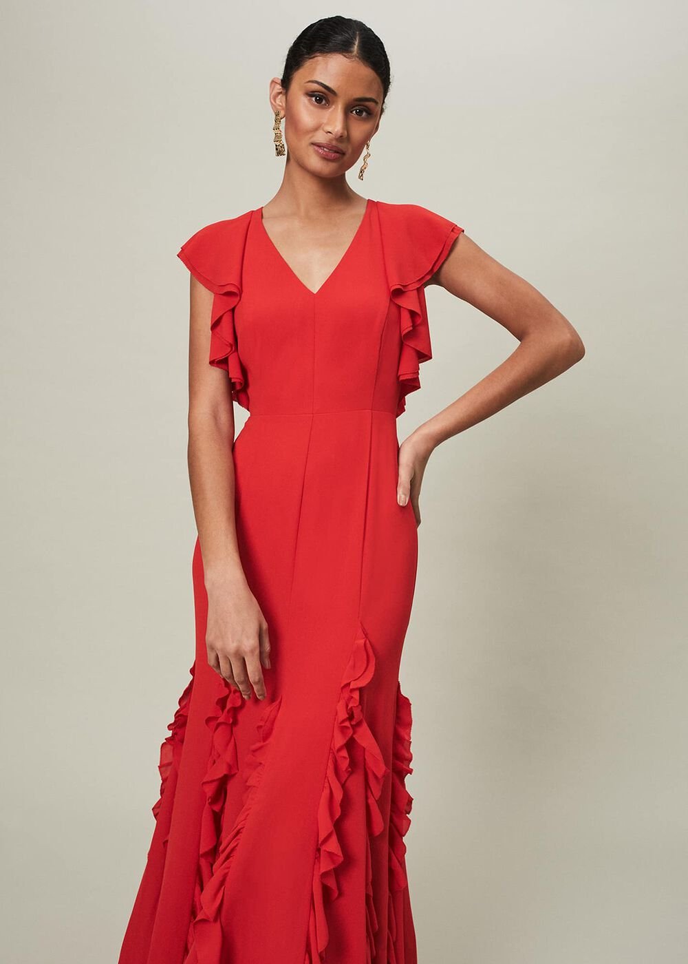 Scarlet Red Maxi Dress with Ruffled Sleeves & Skirt - Scarlet