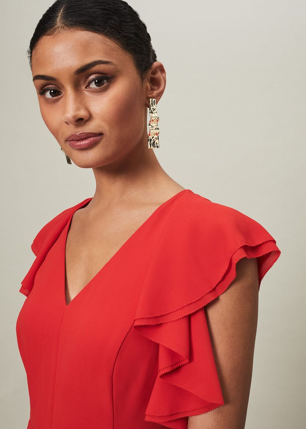 Scarlet Red Maxi Dress with Ruffled Sleeves & Skirt - Scarlet