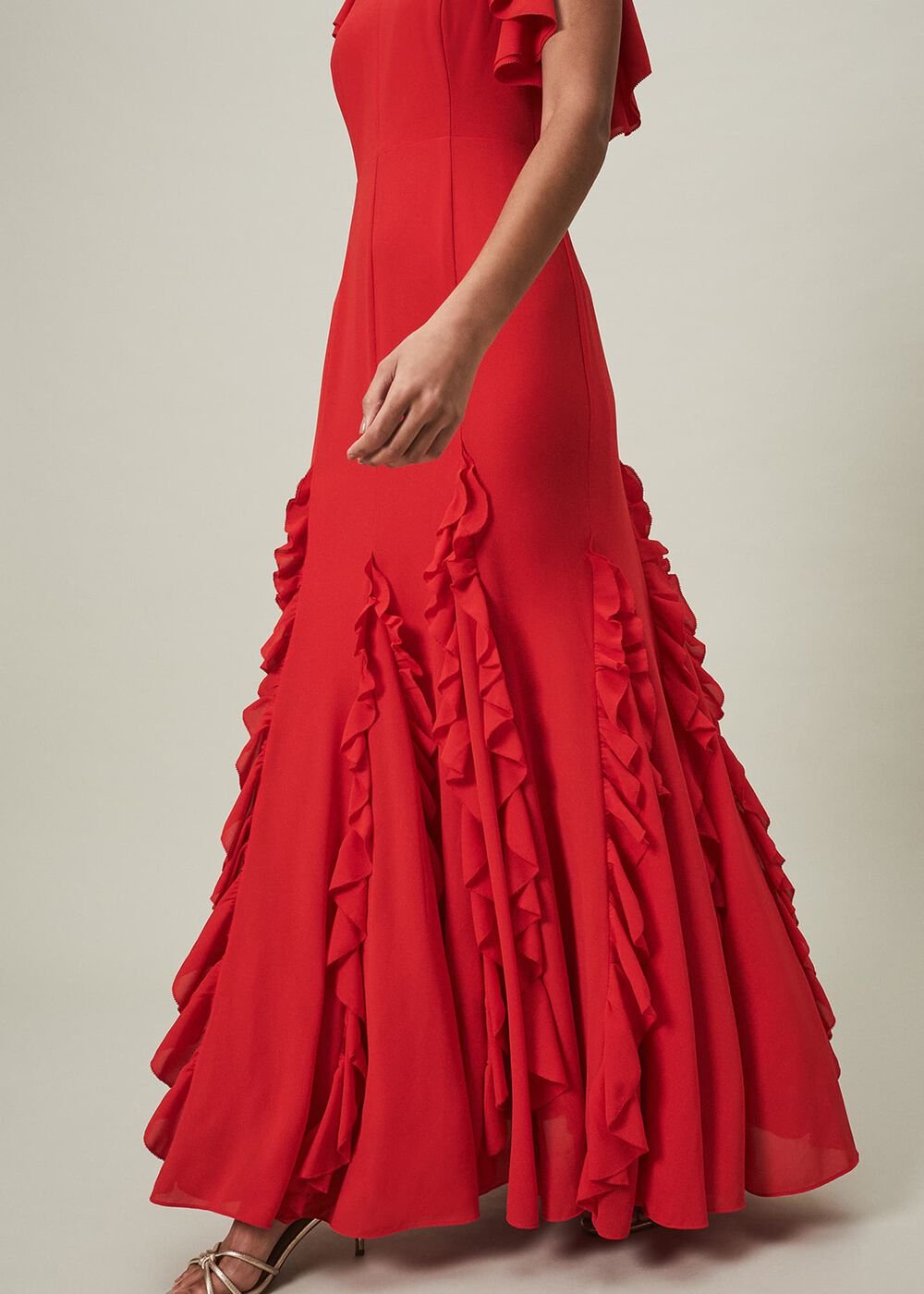 Scarlet Red Maxi Dress with Ruffled Sleeves & Skirt - Scarlet