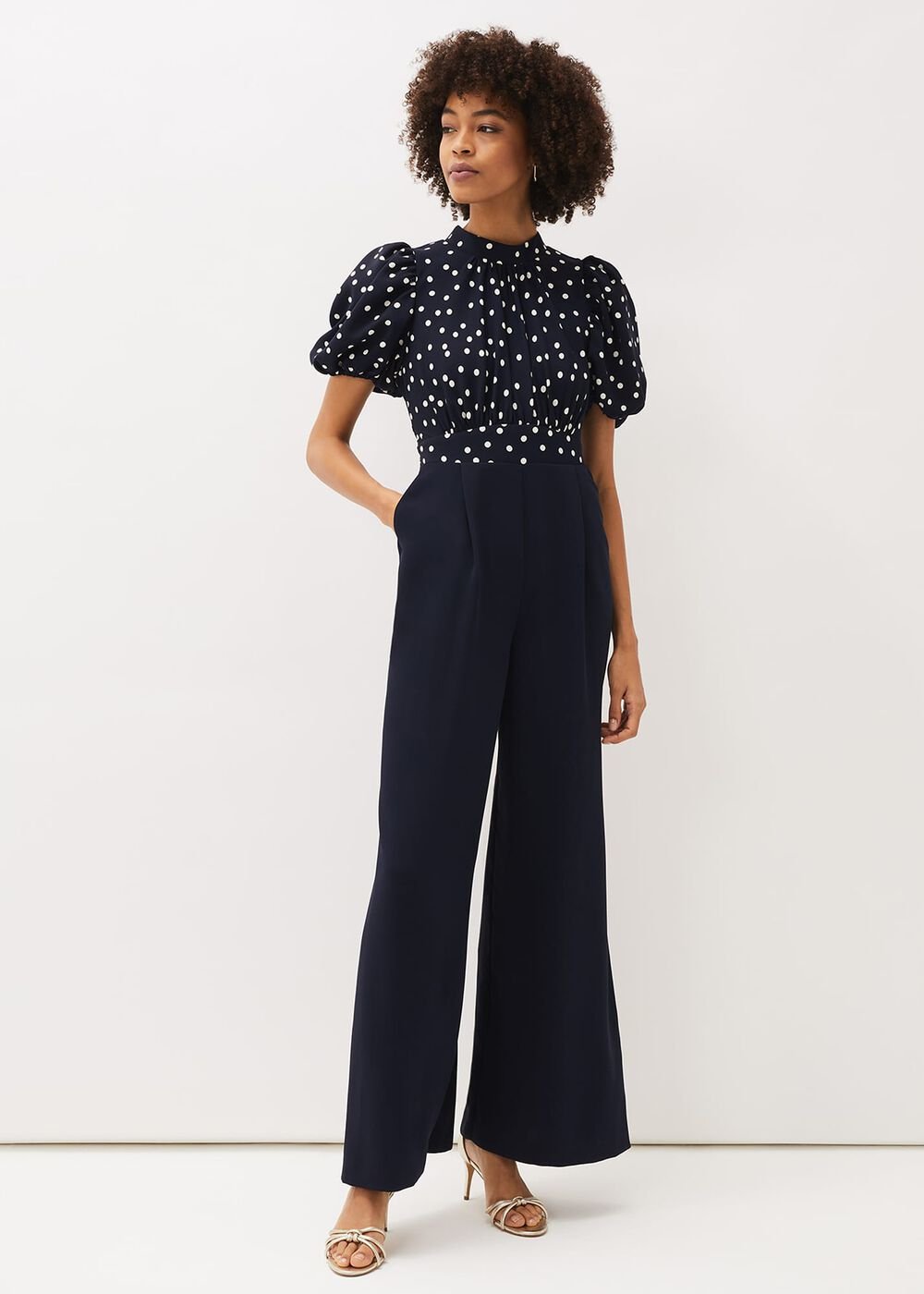 Paulina Puff Sleeve Spot Jumpsuit - Navy/Ivory