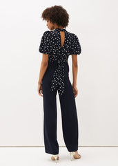 Paulina Puff Sleeve Spot Jumpsuit - Navy/Ivory