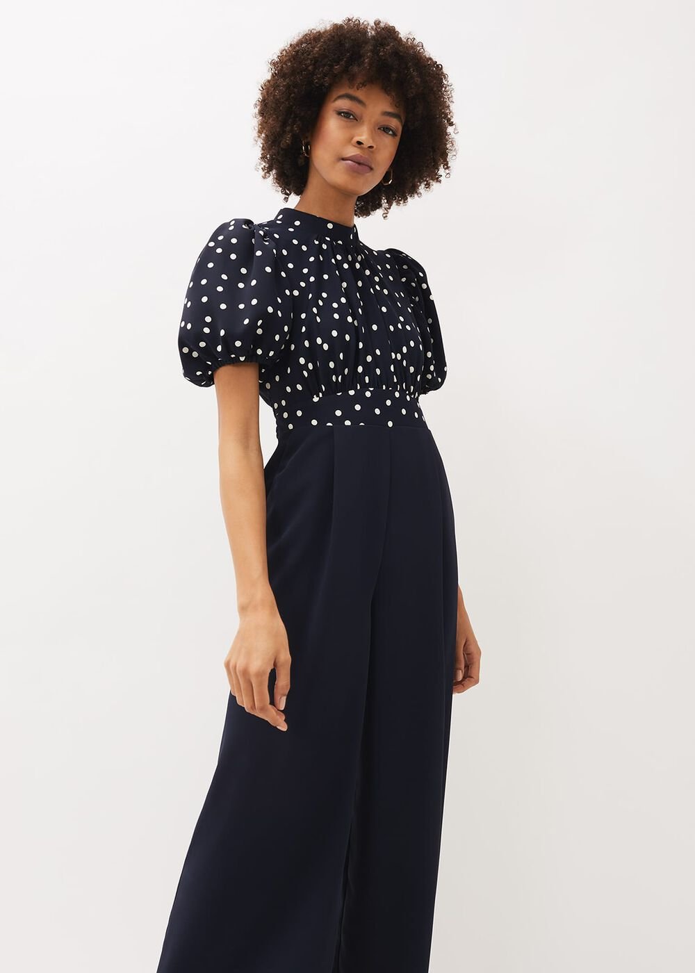 Paulina Puff Sleeve Spot Jumpsuit - Navy/Ivory