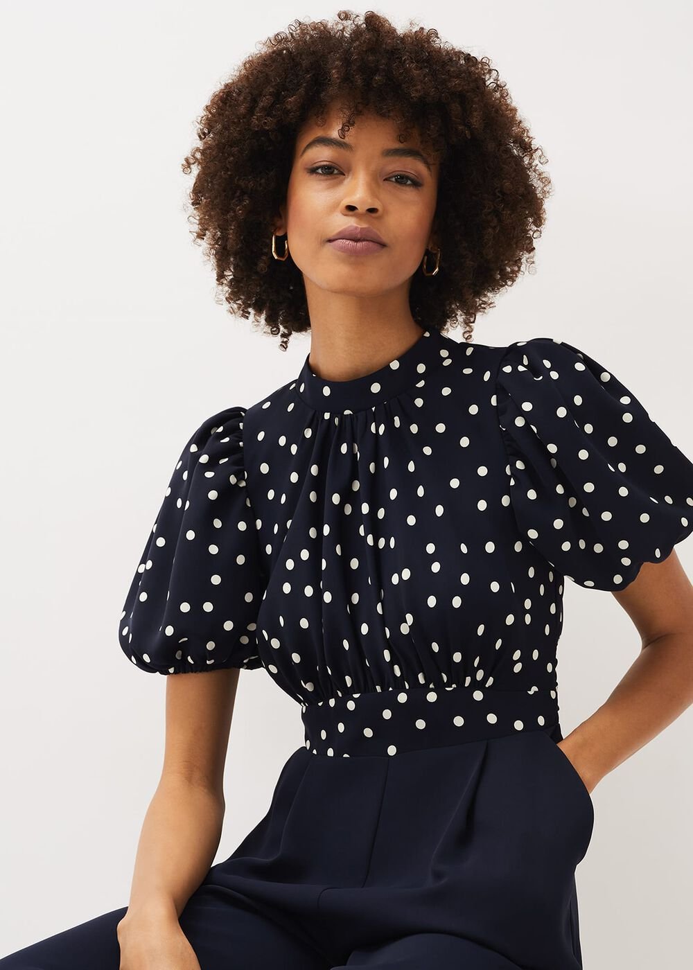 Paulina Puff Sleeve Spot Jumpsuit - Navy/Ivory