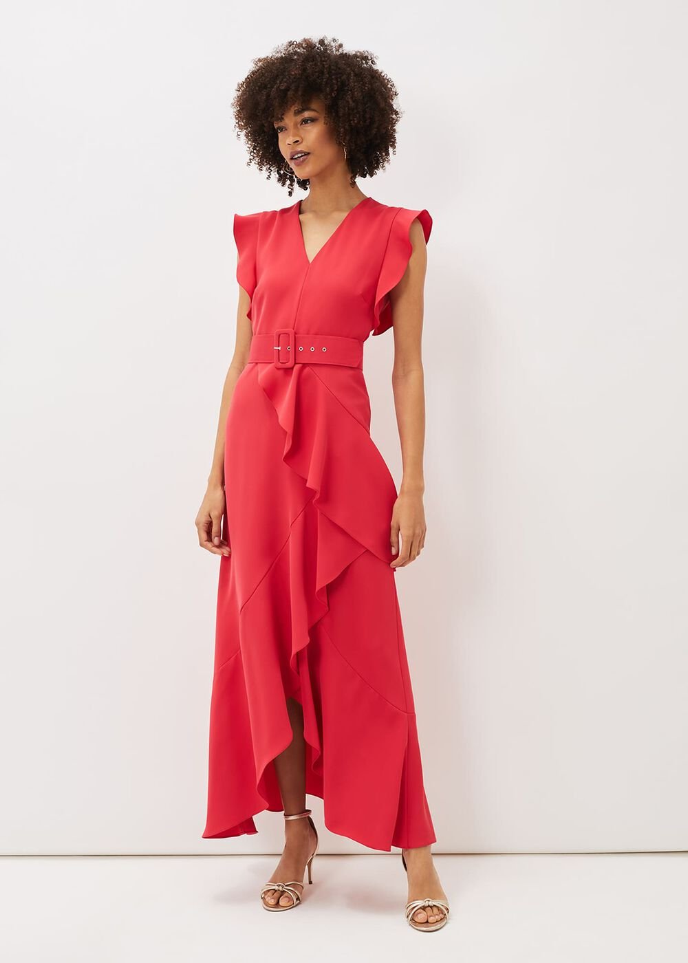 Phoebe Frill Belted Maxi Dress - Coral