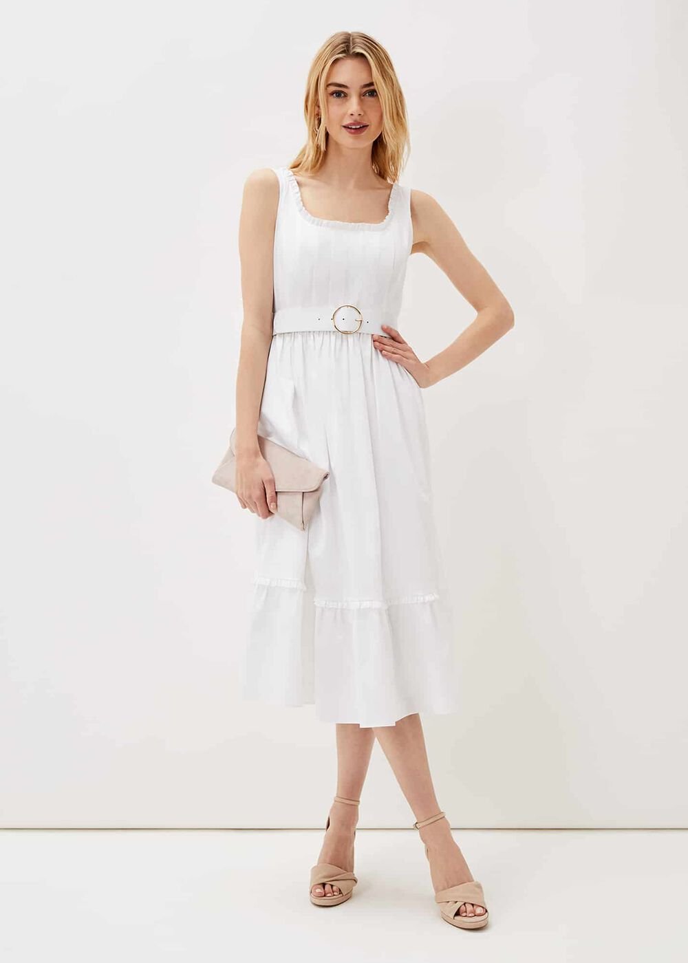Tanya Cotton Belted Midaxi Dress - White